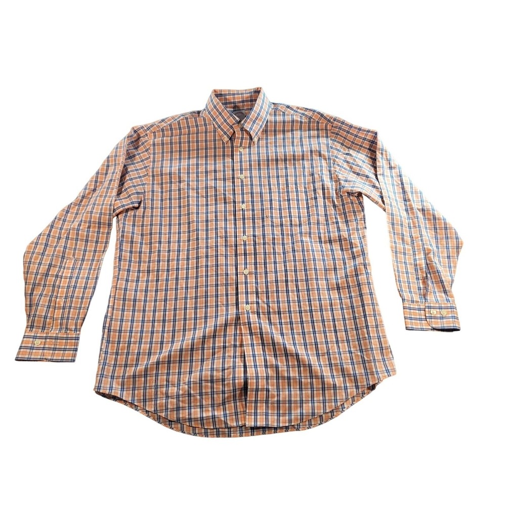 Brooks Brothers 346 Mens L Plaid Non Iron Button Up Dress Shirt Orange Blue Work